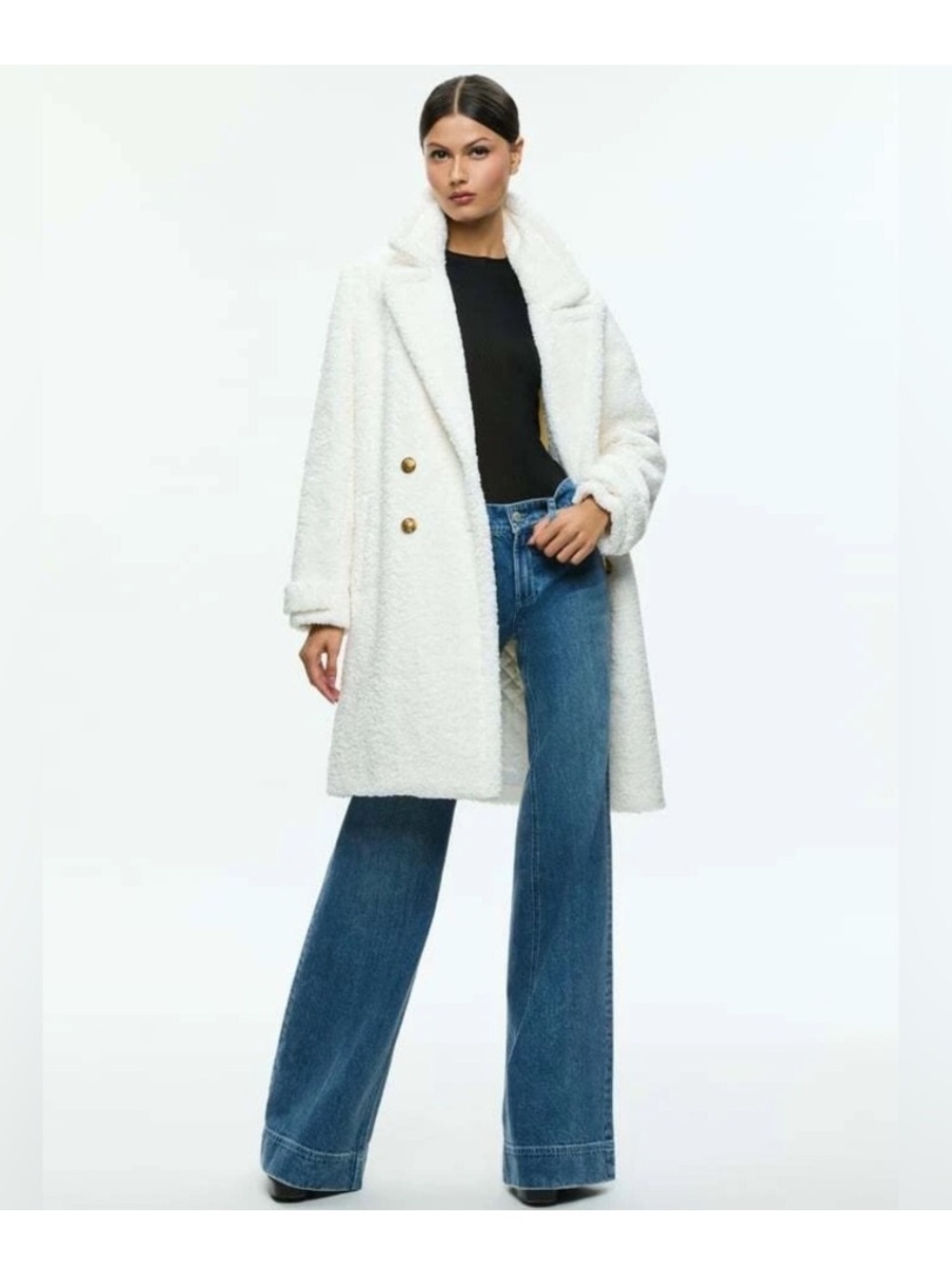 NWT Alice & Olivia TOWNES DOUBLE BREASTED TEDDY PEACOAT Off White Ivory Sz S